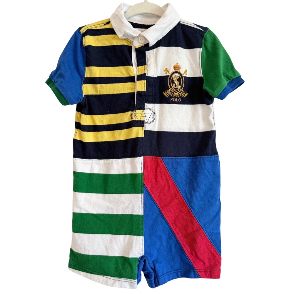 Ralph Lauren Patchwork Cotton Shortall Rugby Romper Boy 24 months 2T ColorBlock